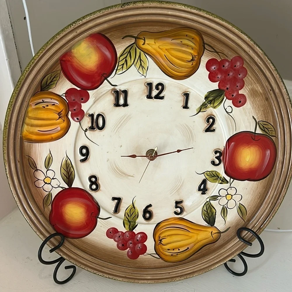 Vintage Rainbow Ceramic Wall Clock Fruit Flowers 13 1/4” diameter